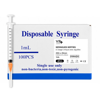 Seringue 1ml Stérile Aiguille sertie 25G usage unique Covid/grippe - Boite de 100