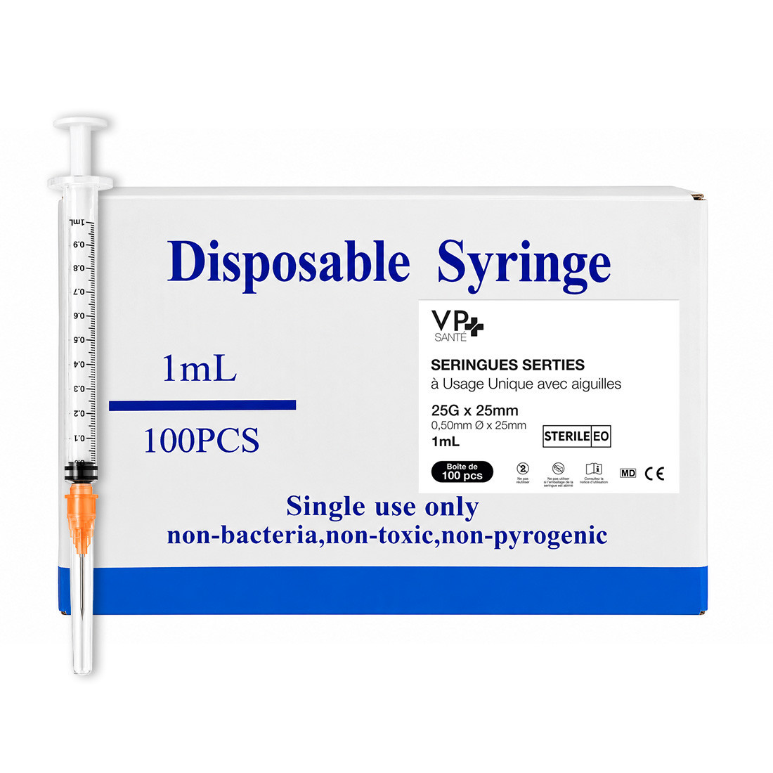 Seringue 1ml Stérile Aiguille sertie 25G usage unique Covid/grippe - Boite de 100