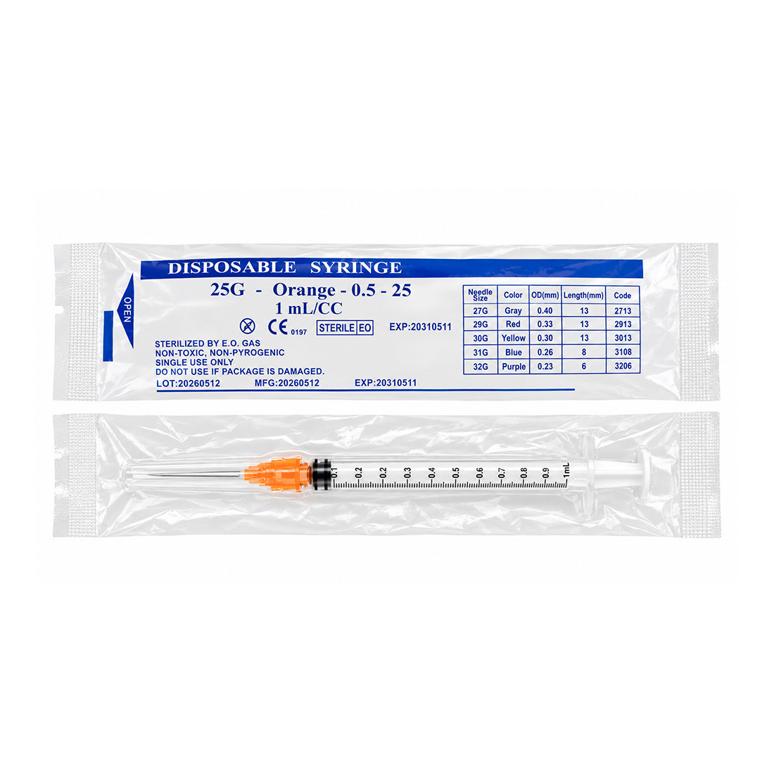 Seringue 1ml Stérile Aiguille sertie 25G usage unique Covid/grippe - Boite de 100