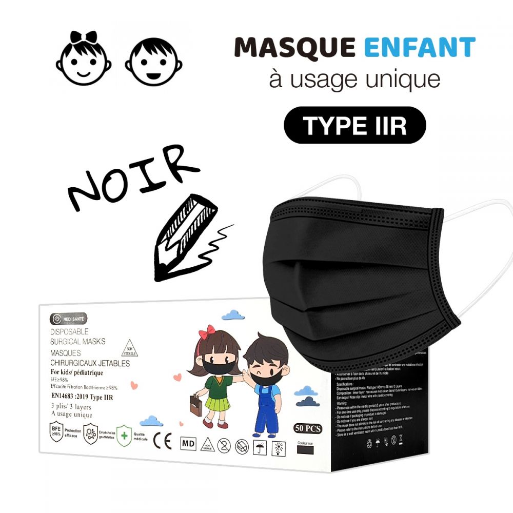 Masque chirurgical noirs 3 plis type IIR x 50