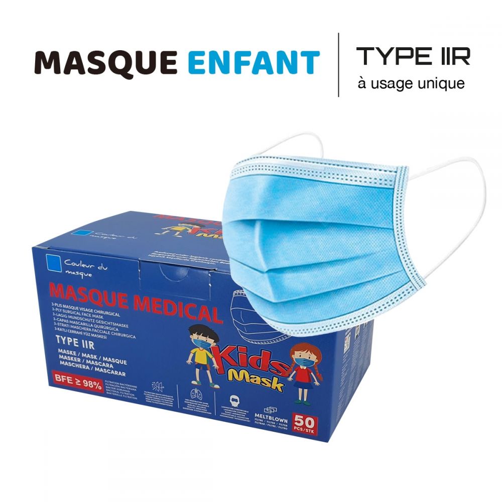Boîte de 50 masques de protection jetables 3 plis pour enfants, type IIR,  CE EN14683 2019