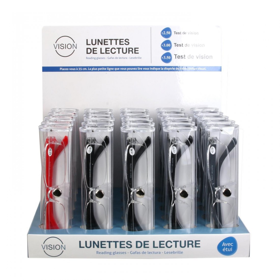 Presentoir de 25 lunettes de lectures en plastique - 2.5 - 3 - 3.5