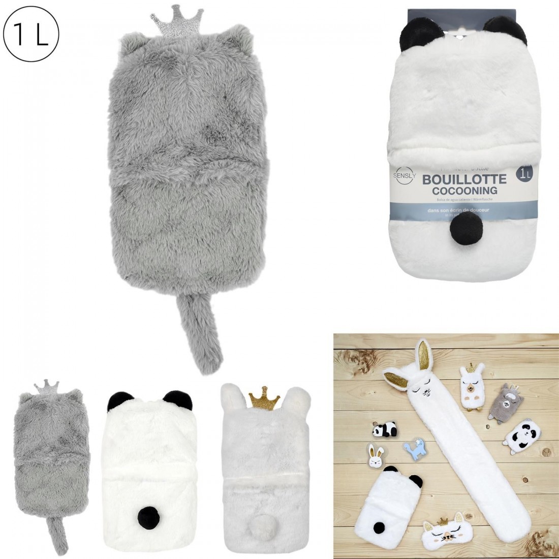 Bouillotte animal 1L - toucher doux - Souris grise avec couronne.