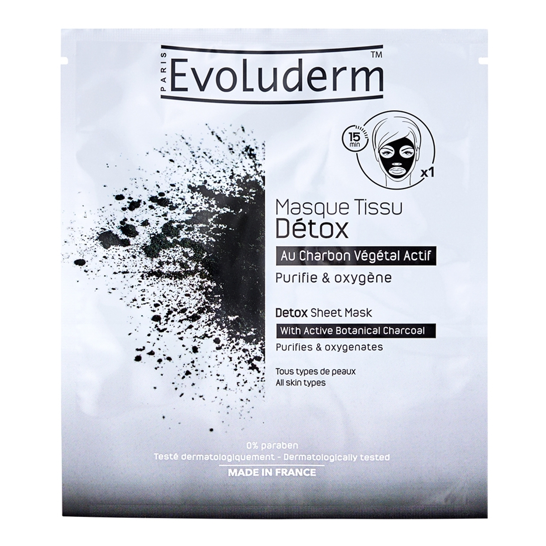 MASQUE TISSU DETOX CHARBON 19ML MARQUE EVOLUDERM