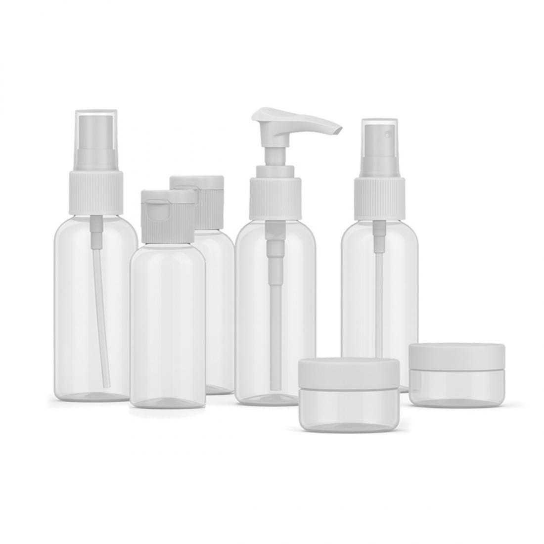 Trousse de voyage transparente 5 flacons + 2 pots