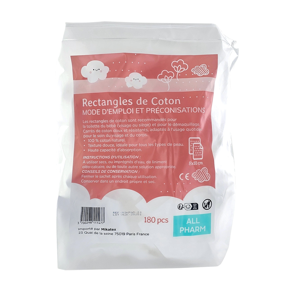 Sachet de 180 rectangles de coton 8x10cm