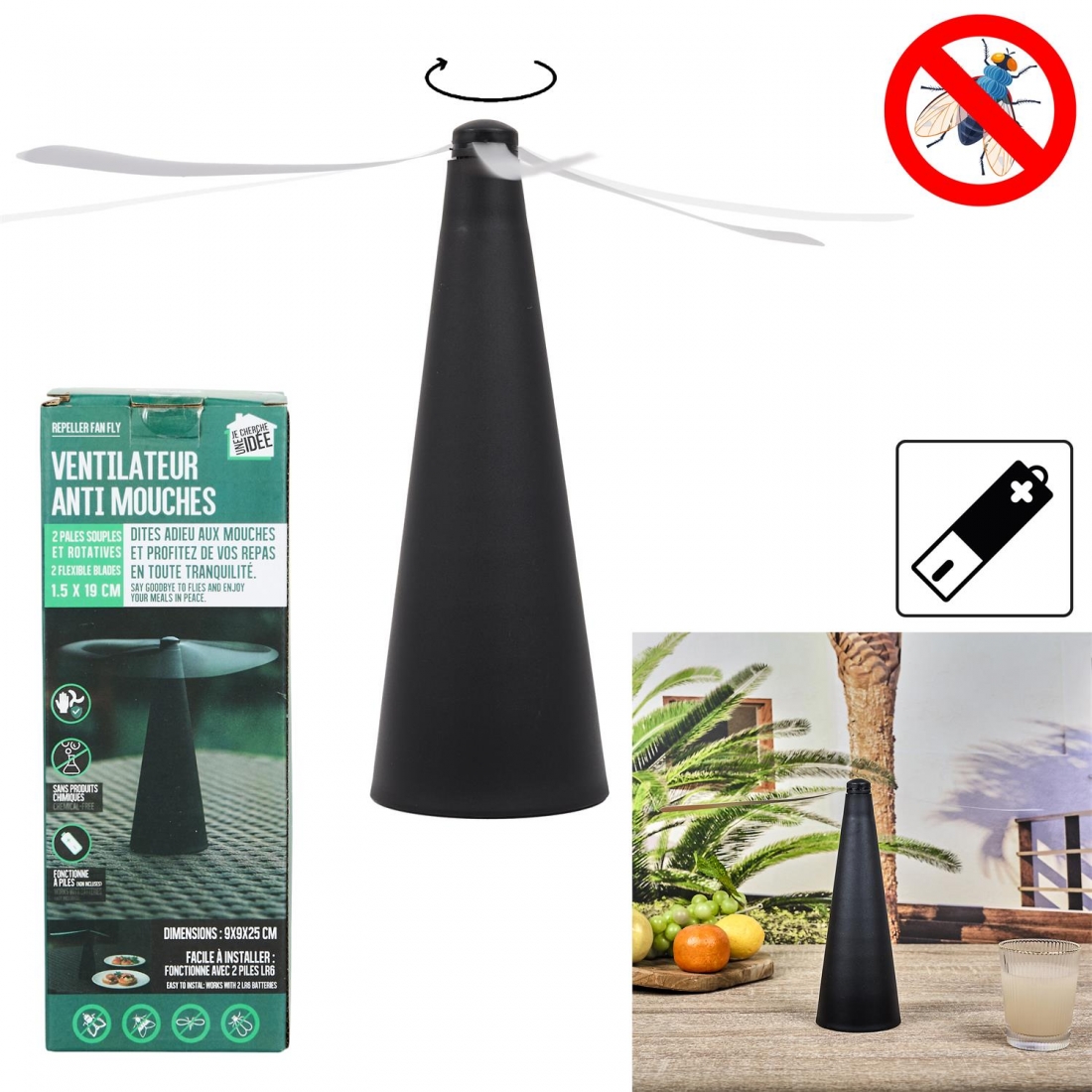 ventilateur anti mouche à pile - noir