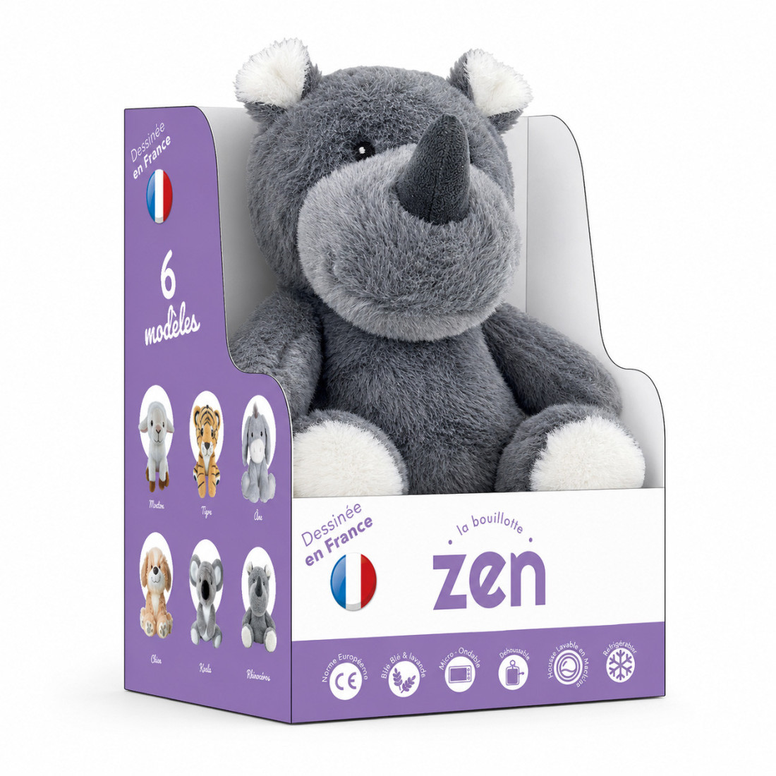 Bouillotte peluche dehoussable 25cm + sachet - RHINOCEROS