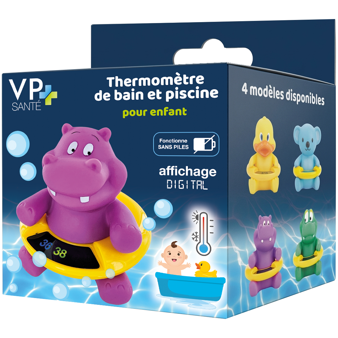 Thermomètre de bain sans pile thermosensible - Hippopotame