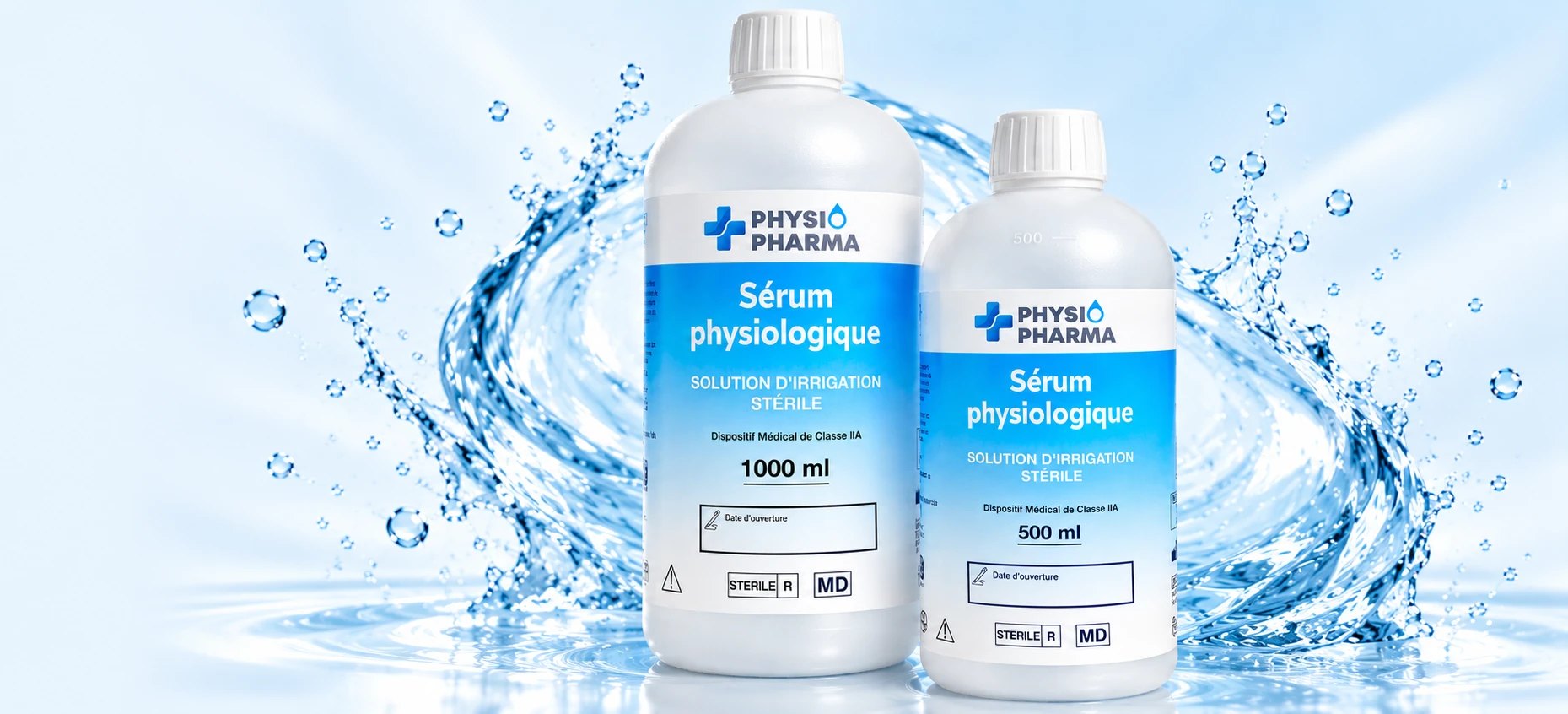 Sérum physiologique stérile Physio Pharma – flacons 500 ml et 1 L
